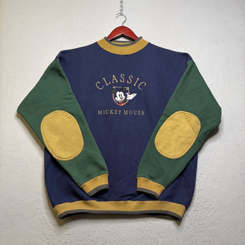 Genus Mickey Mouse Sweatshirt Mens L Navy Colorblock Vintage 90s Elbow Patches